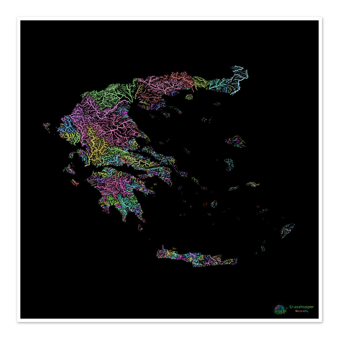 River basin map of Greece, pastel colours on black - Fine Art Print