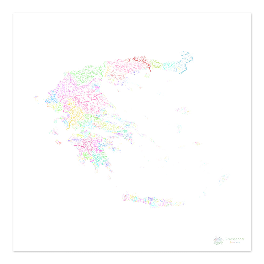 Grèce - Carte des bassins fluviaux, pastel sur blanc - Fine Art Print