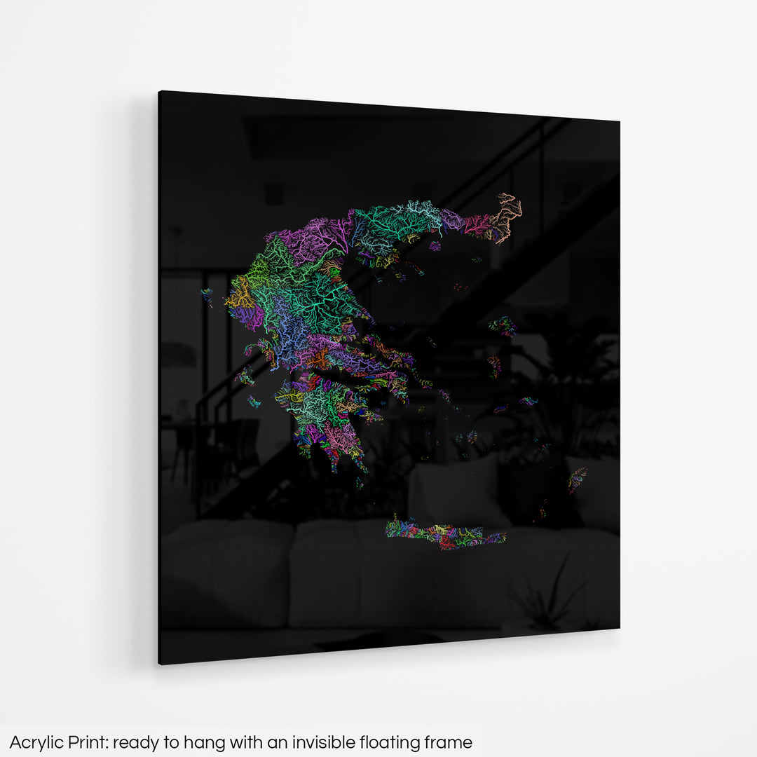 Greece - River basin map, rainbow colours - Wall Art