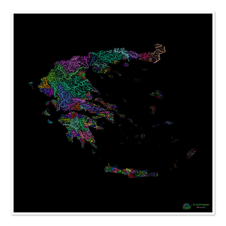 Grèce - Carte des bassins fluviaux, arc-en-ciel sur noir - Fine Art Print