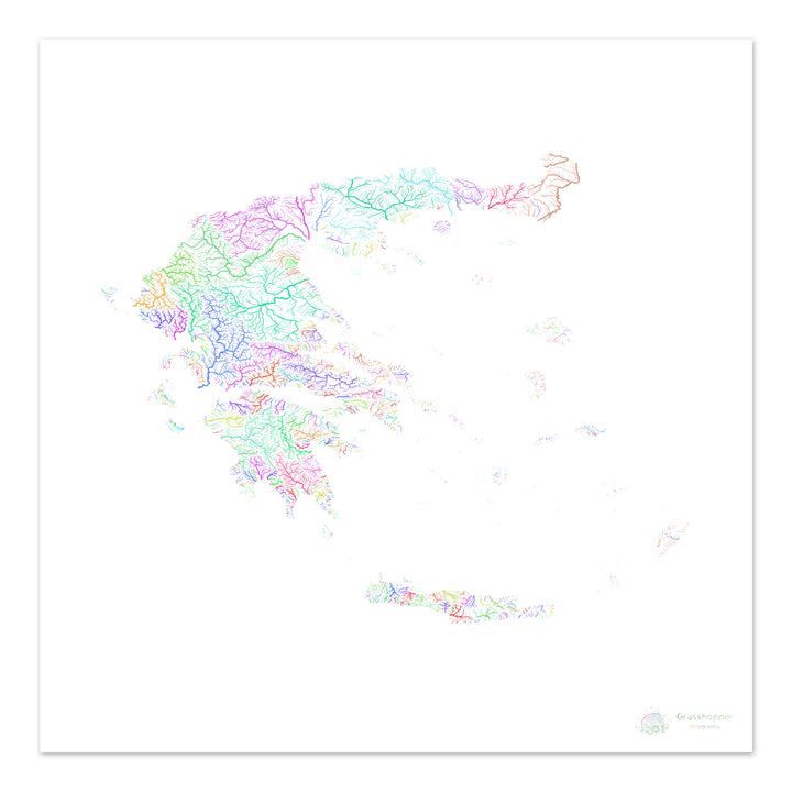 Grèce - Carte des bassins fluviaux, arc-en-ciel sur blanc - Fine Art Print