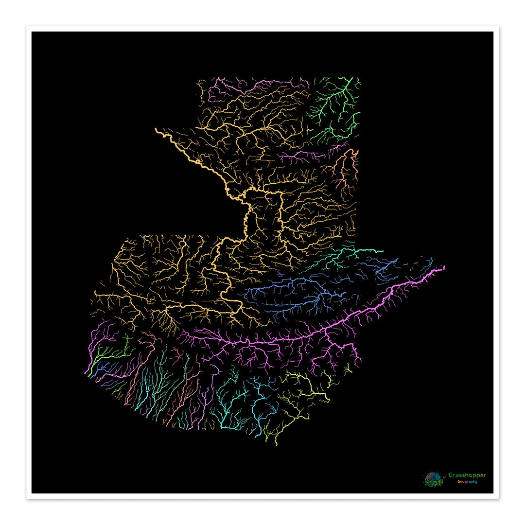 River basin map of Guatemala, pastel colours on black - Fine Art Print