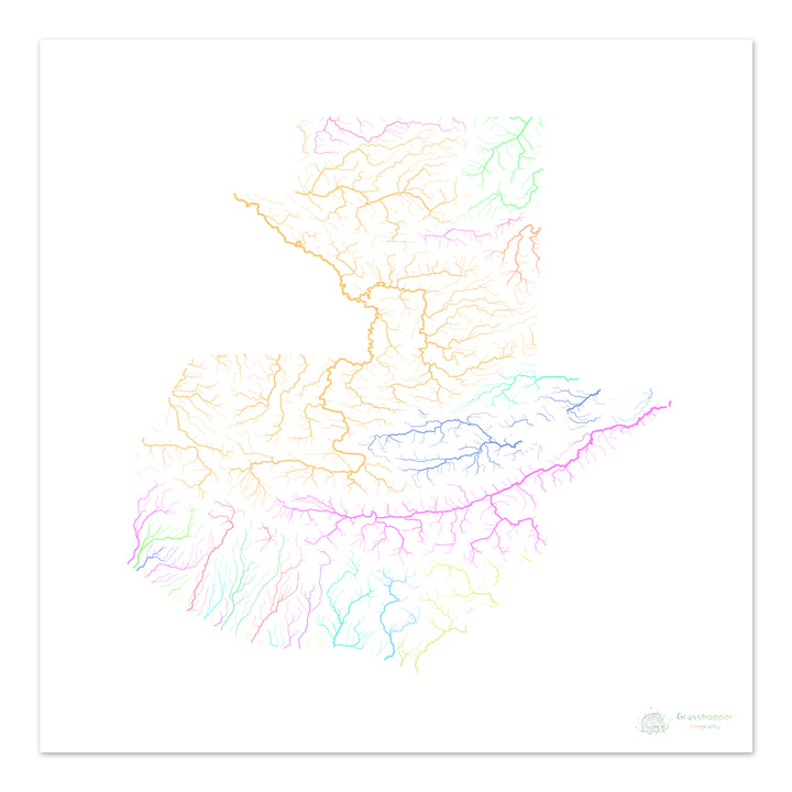 Guatemala - Carte des bassins fluviaux, pastel sur blanc - Fine Art Print