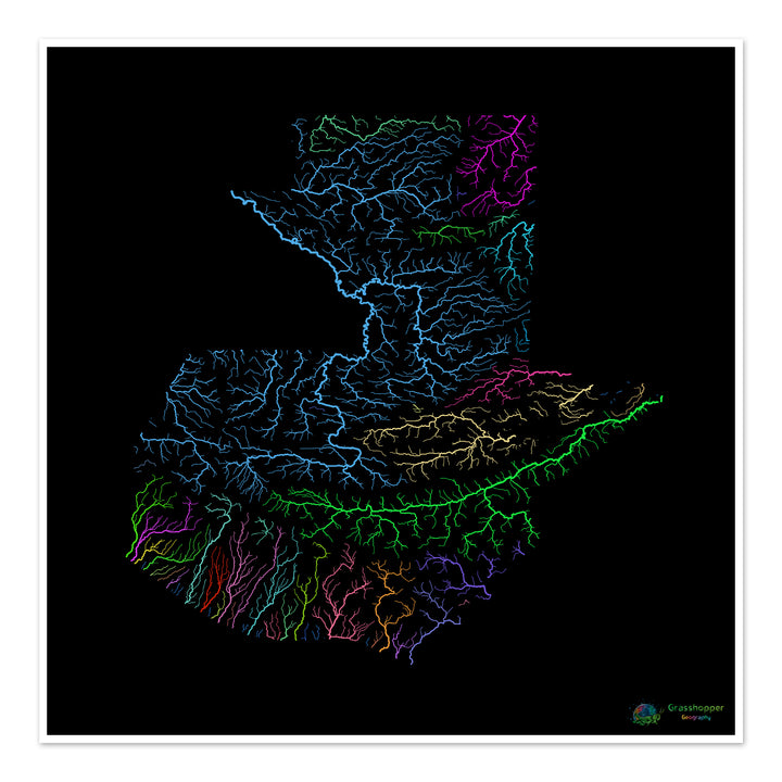 Guatemala - River basin map, rainbow on black - Fine Art Print