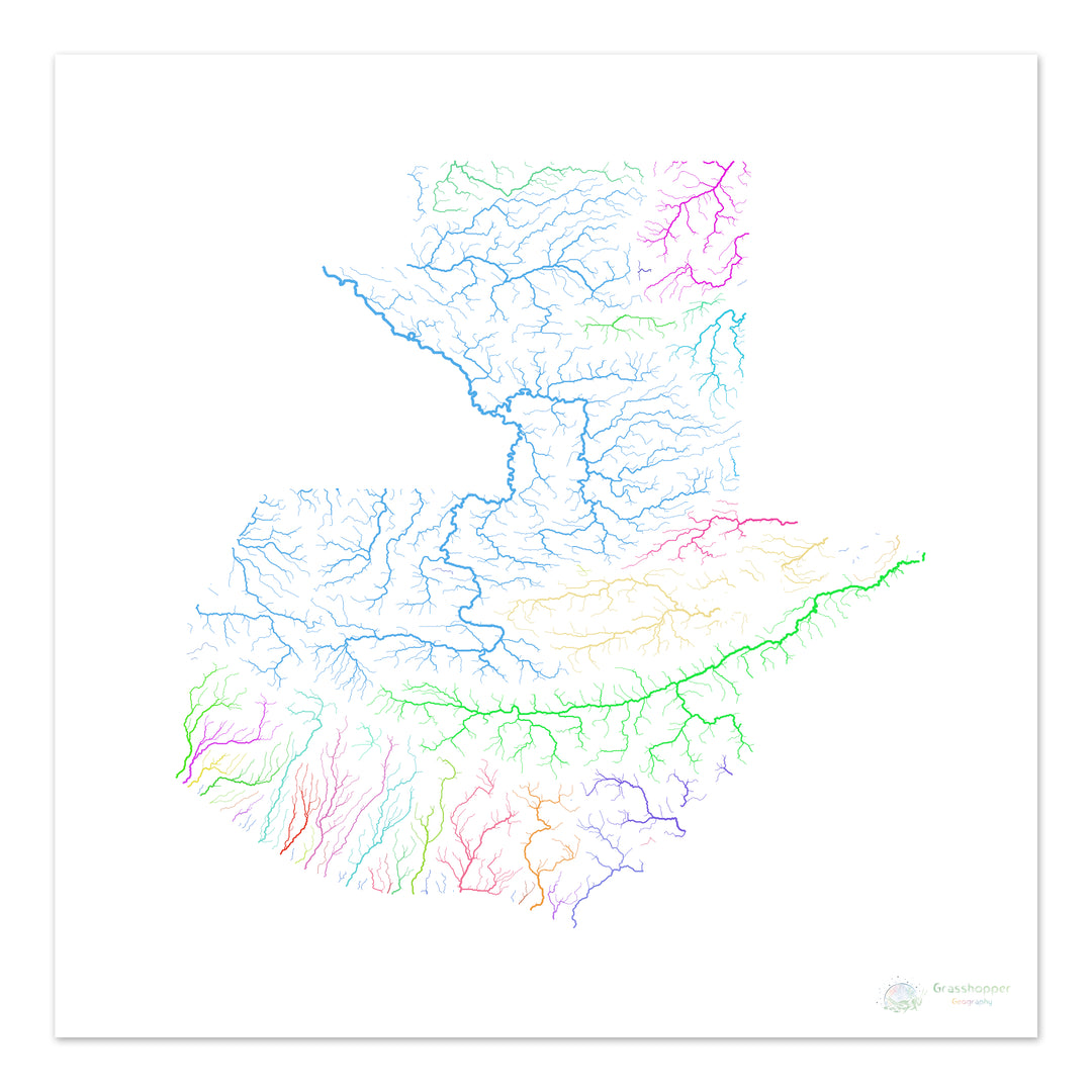 Guatemala - Carte du bassin fluvial, arc-en-ciel sur blanc - Fine Art Print