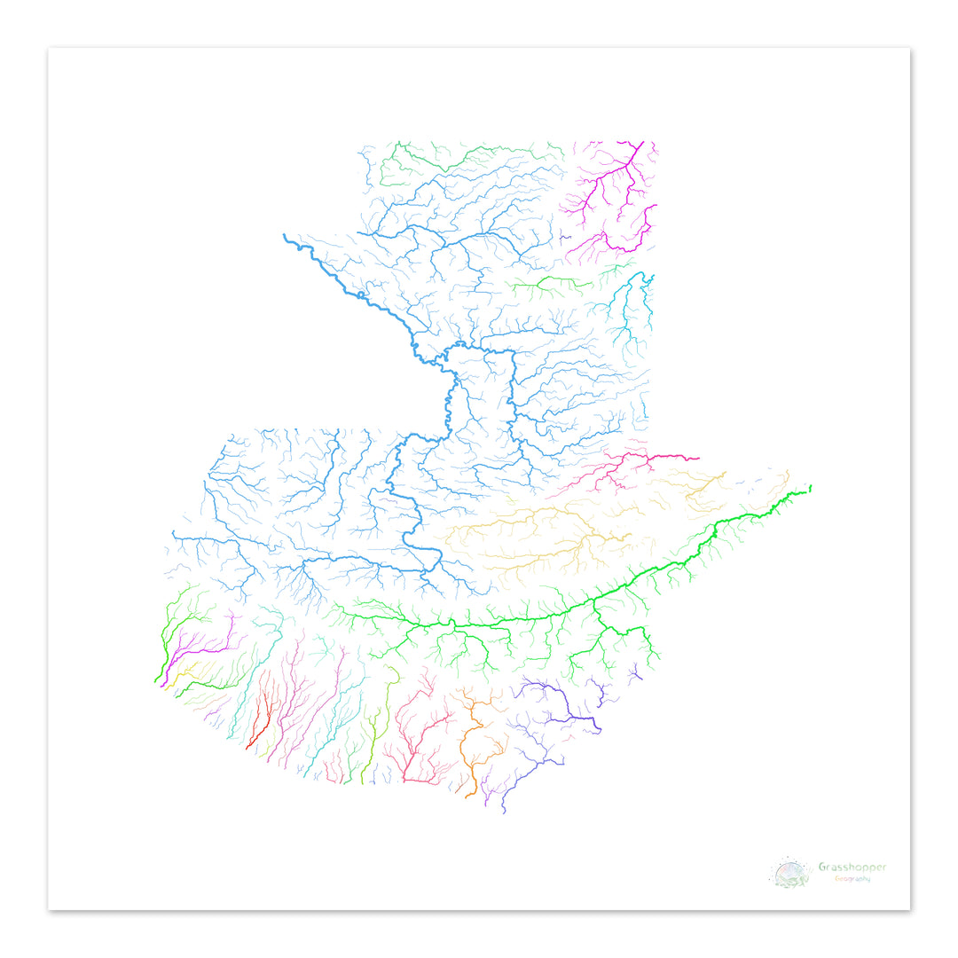 Guatemala - Mapa de cuencas fluviales, arco iris sobre blanco - Impresión de Bellas Artes