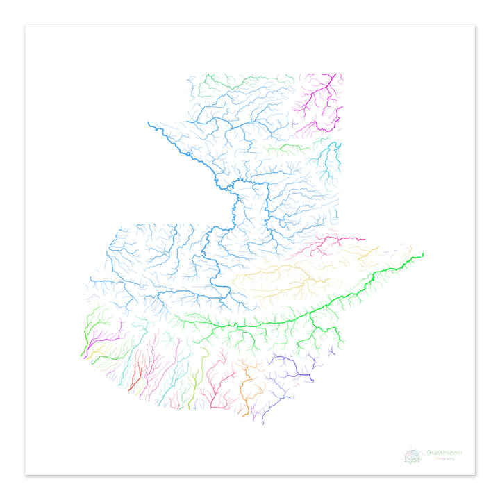 Guatemala - Carte du bassin fluvial, arc-en-ciel sur blanc - Fine Art Print