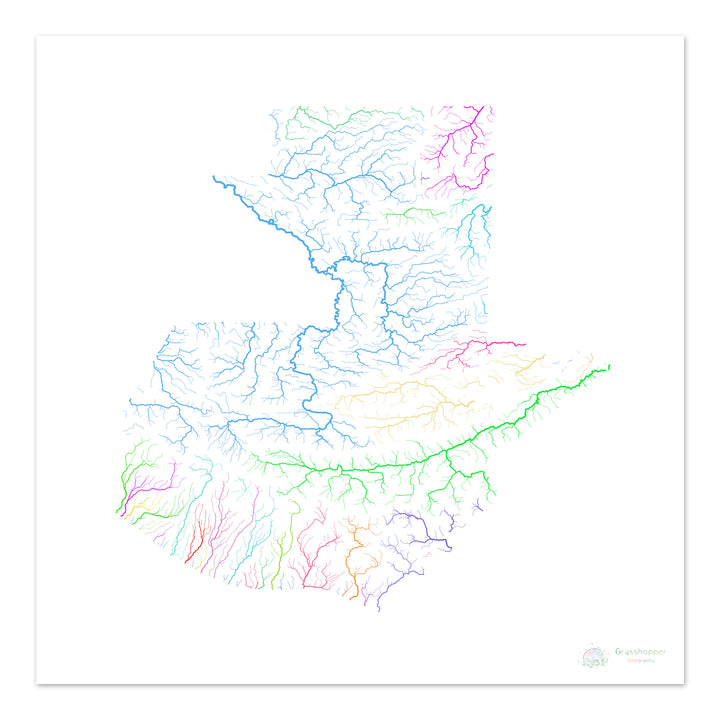 Guatemala - Mapa de cuencas fluviales, arco iris sobre blanco - Impresión de Bellas Artes