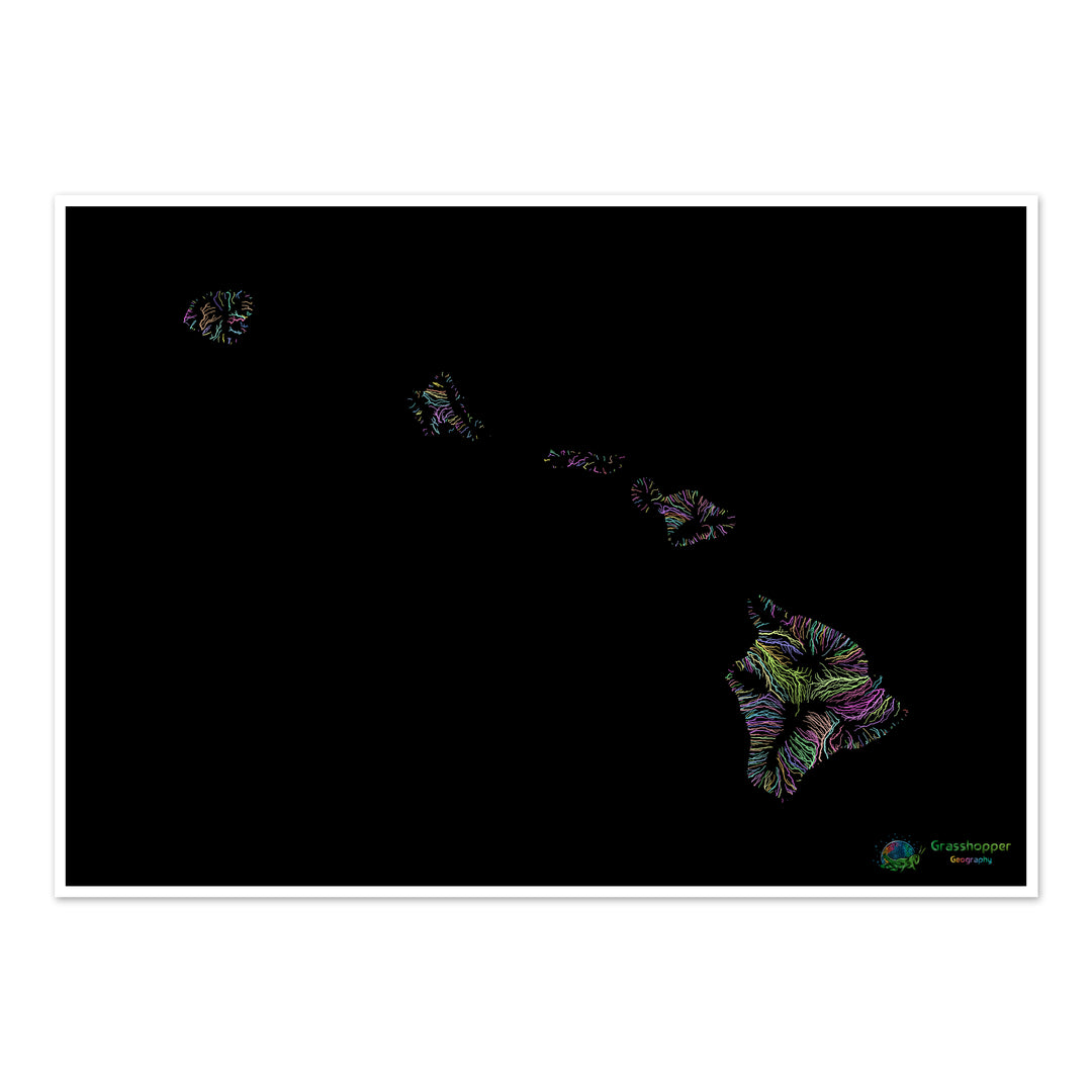River basin map of Hawaii, pastel colours on black - Fine Art Print