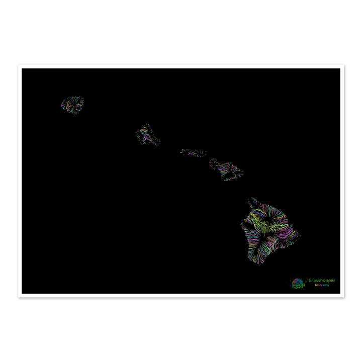Hawái - Mapa de la cuenca fluvial, pastel sobre negro - Impresión de bellas artes