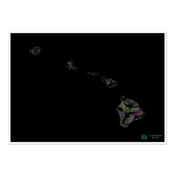 Hawaii - Flussgebietskarte, Pastell auf Schwarz - Fine Art Print