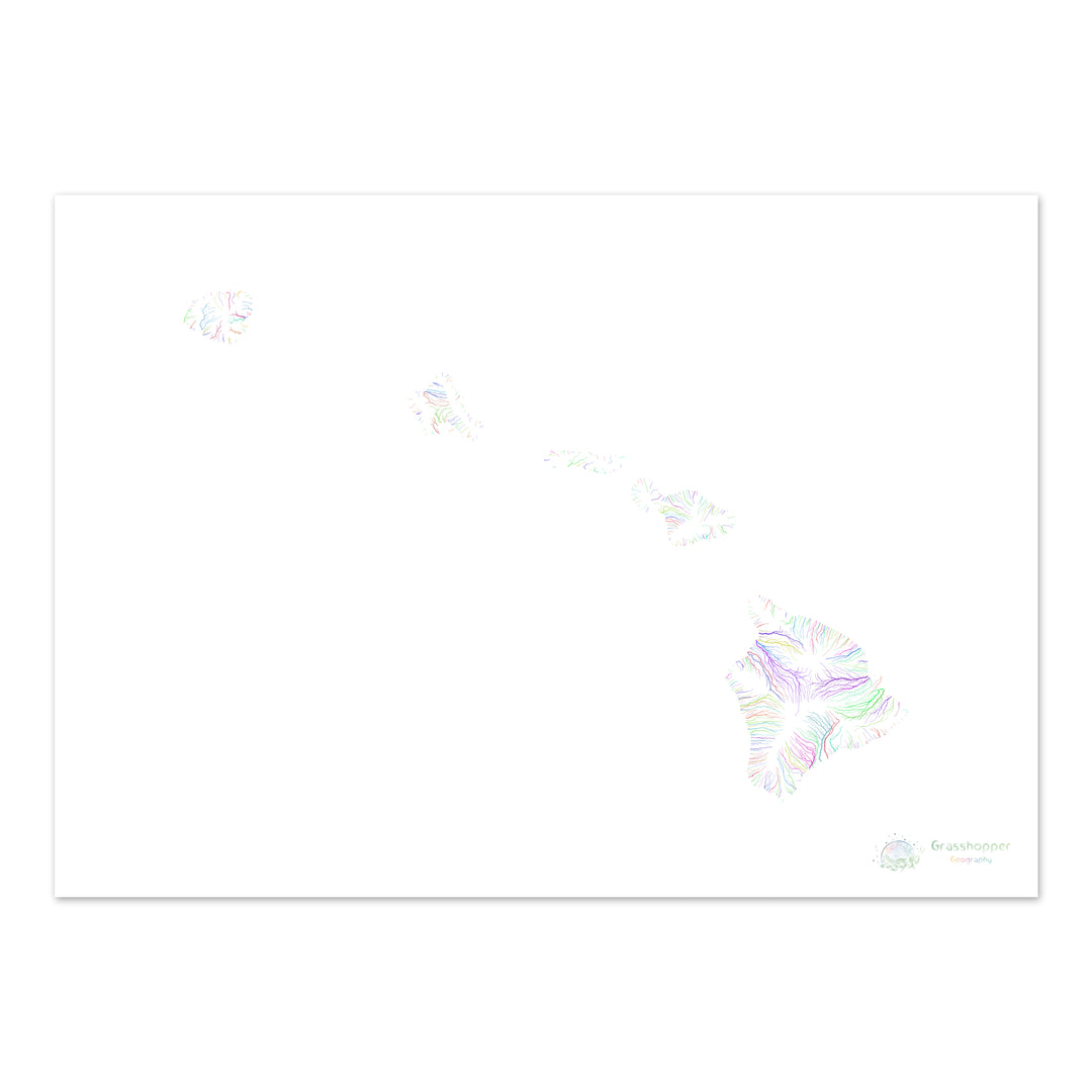 Hawaii - River basin map, rainbow on white - Fine Art Print