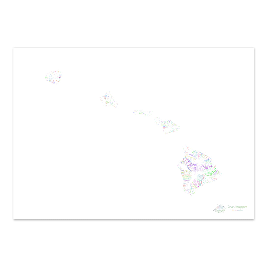 Hawái - Mapa de la cuenca fluvial, arco iris sobre blanco - Impresión de bellas artes