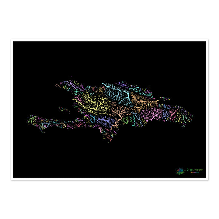 Hispaniola - Carte du bassin fluvial, pastel sur noir - Fine Art Print