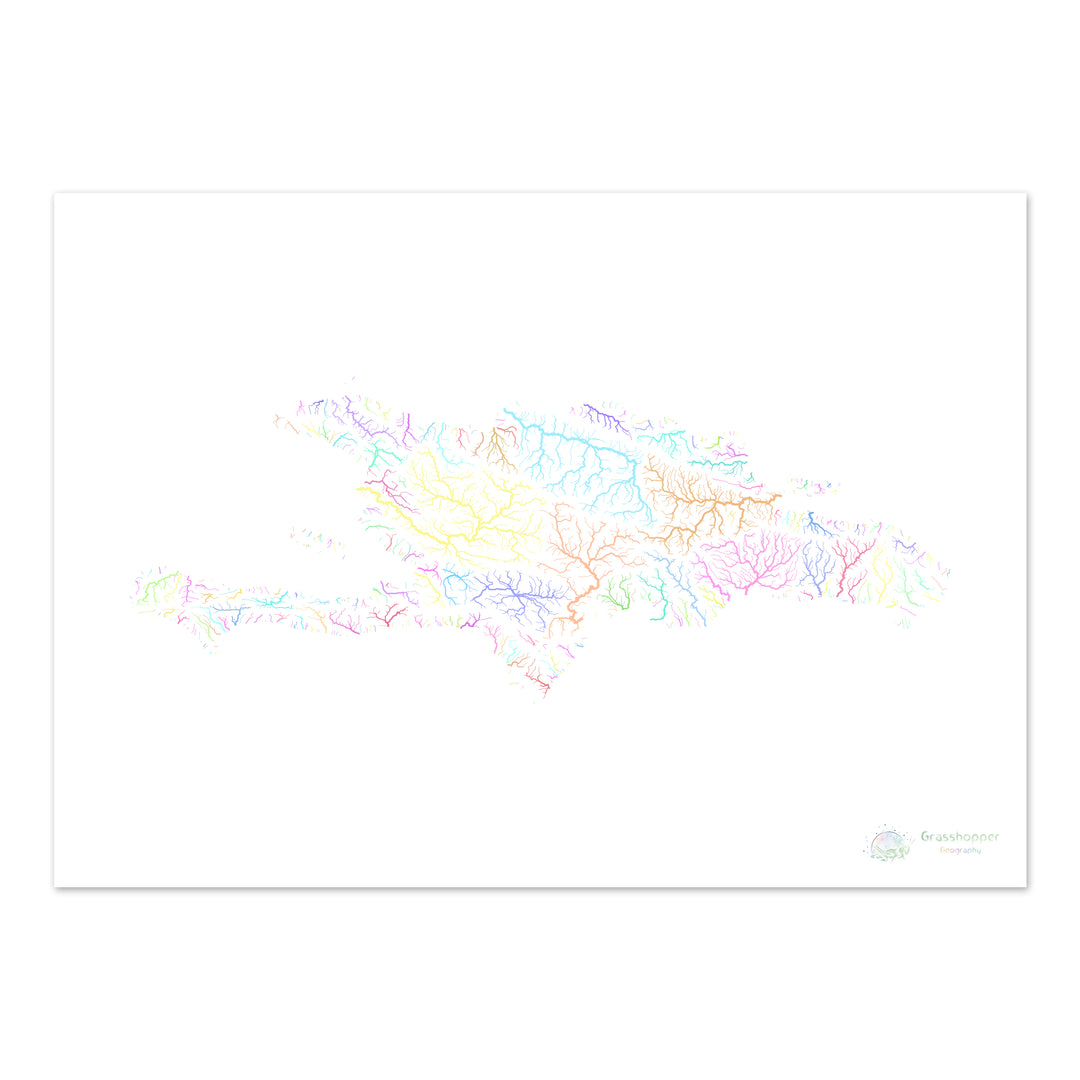 Hispaniola - Mapa da bacia hidrográfica, pastel sobre branco - Impressão de belas artes