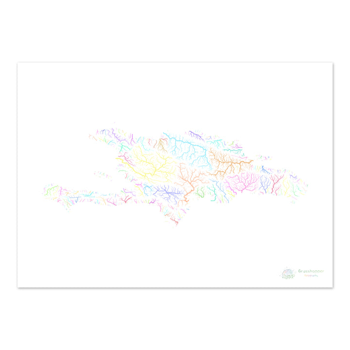 Hispaniola - Mapa da bacia hidrográfica, pastel sobre branco - Impressão de belas artes