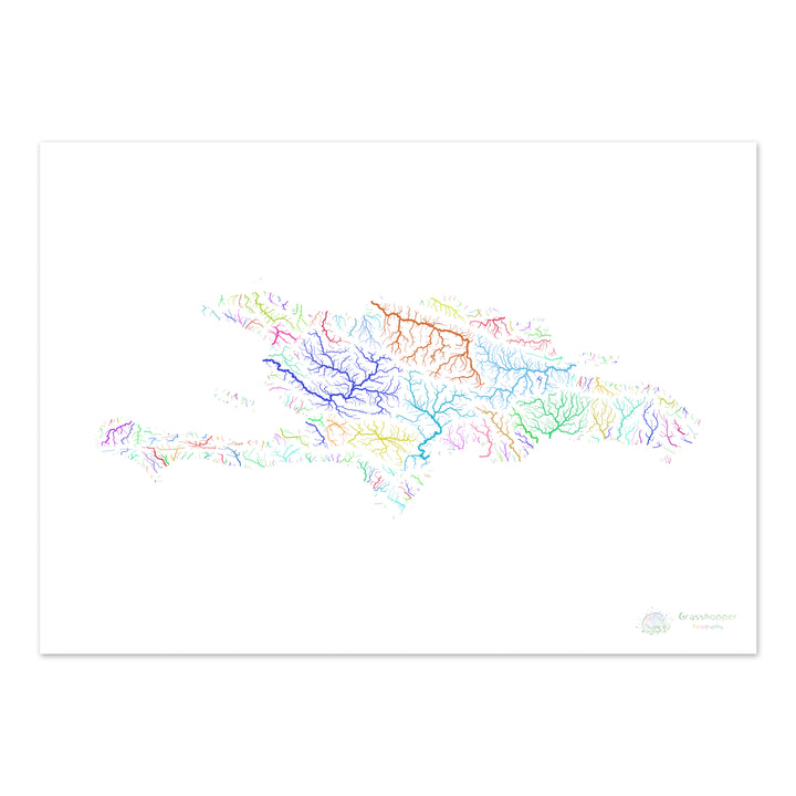 Hispaniola - Carte du bassin fluvial, arc-en-ciel sur blanc - Fine Art Print