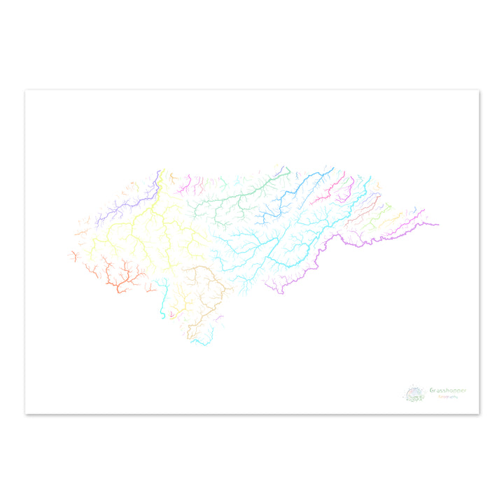 Honduras - Carte du bassin fluvial, pastel sur blanc - Fine Art Print