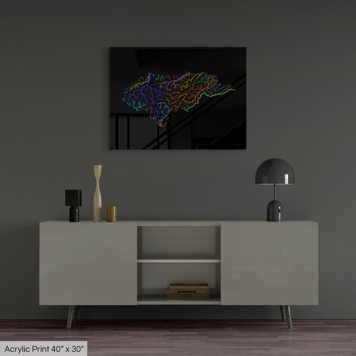 Honduras - River basin map, rainbow colours - Wall Art