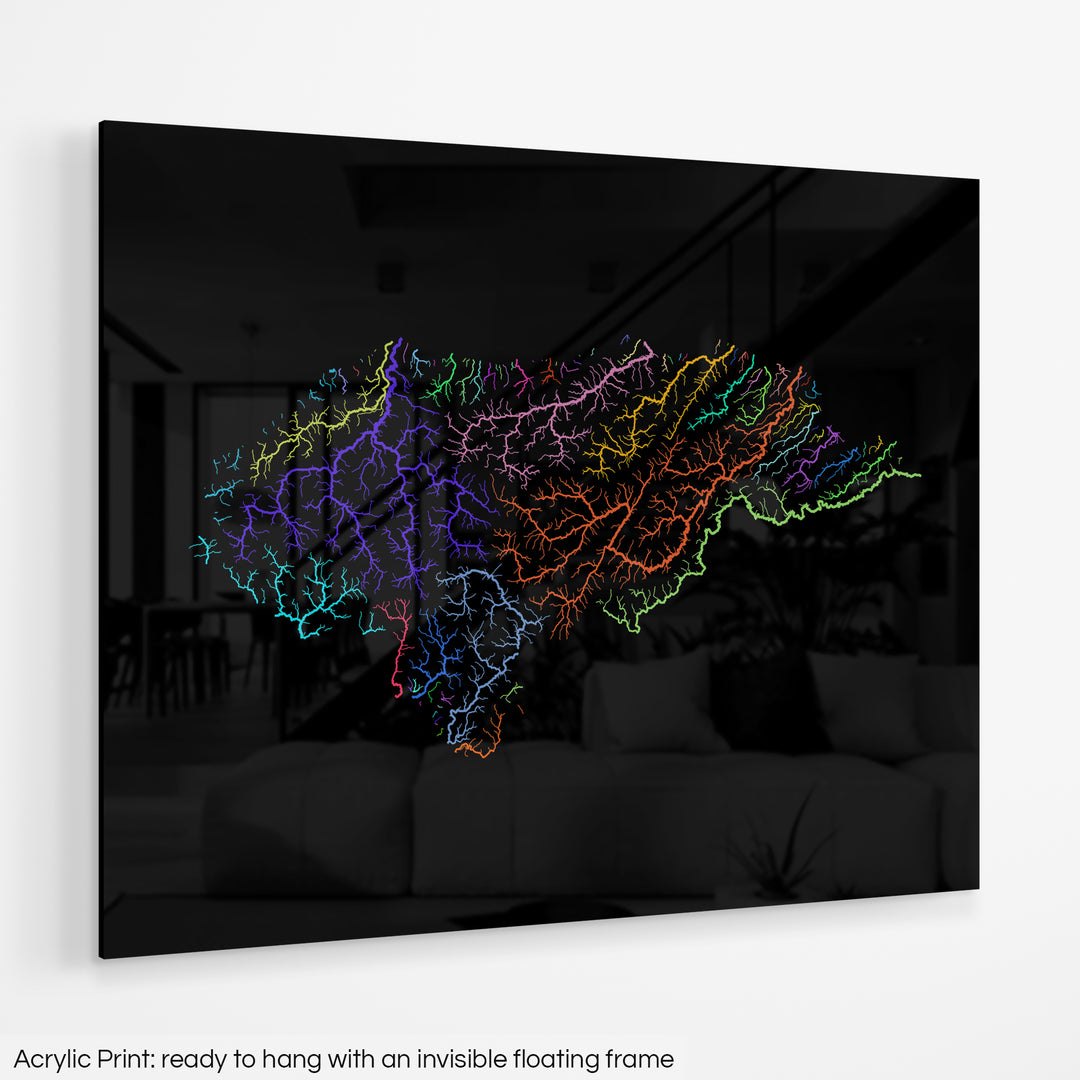 Honduras - River basin map, rainbow colours - Wall Art