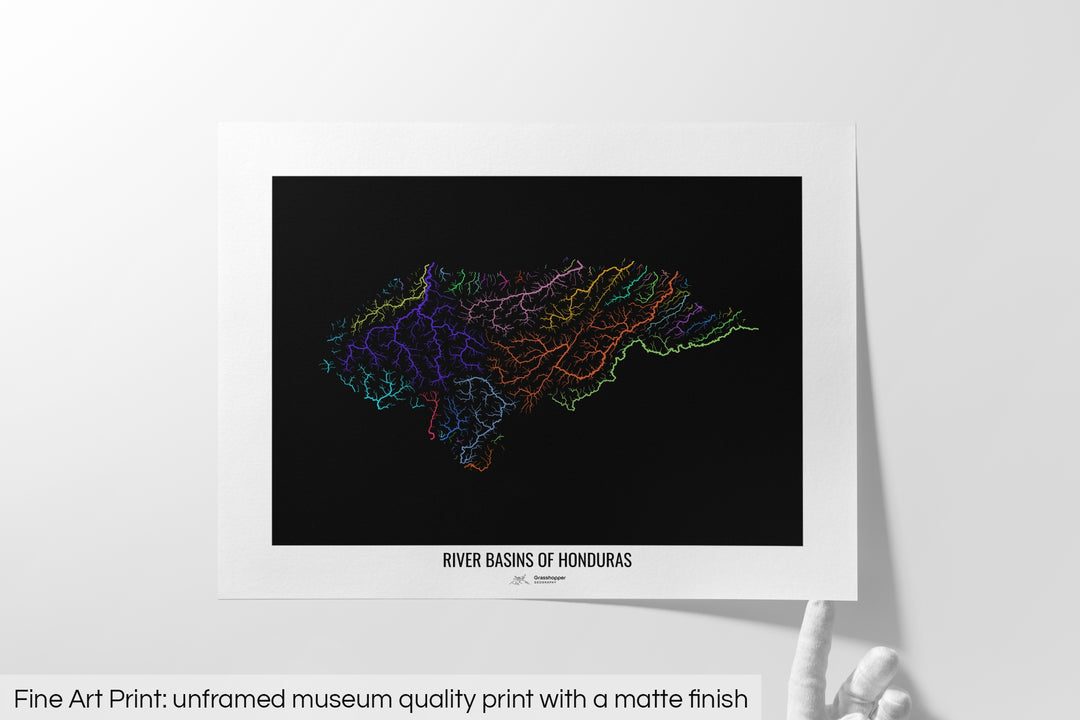 Honduras - River basin map, rainbow colours - Wall Art