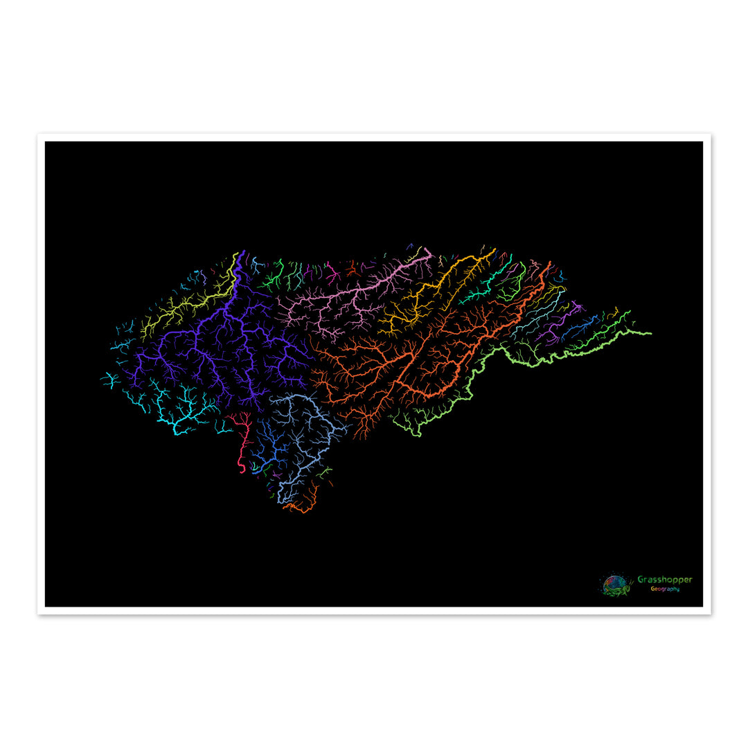 Honduras - Mapa de cuencas fluviales, arcoíris sobre negro - Impresión de Bellas Artes