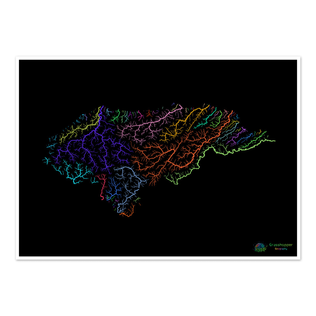 River basin map of Honduras, rainbow colours on black - Fine Art Print