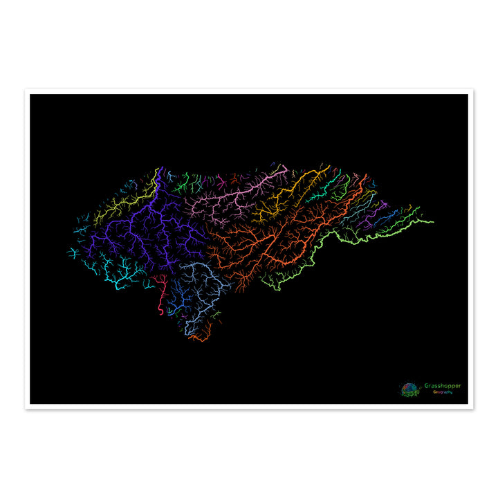 River basin map of Honduras, rainbow colours on black - Fine Art Print
