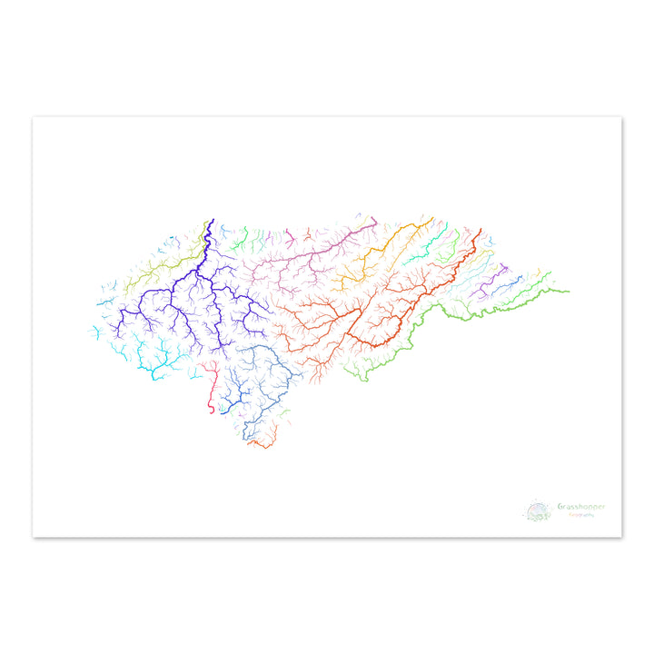 Honduras - Mapa de cuencas fluviales, arco iris sobre blanco - Impresión de Bellas Artes