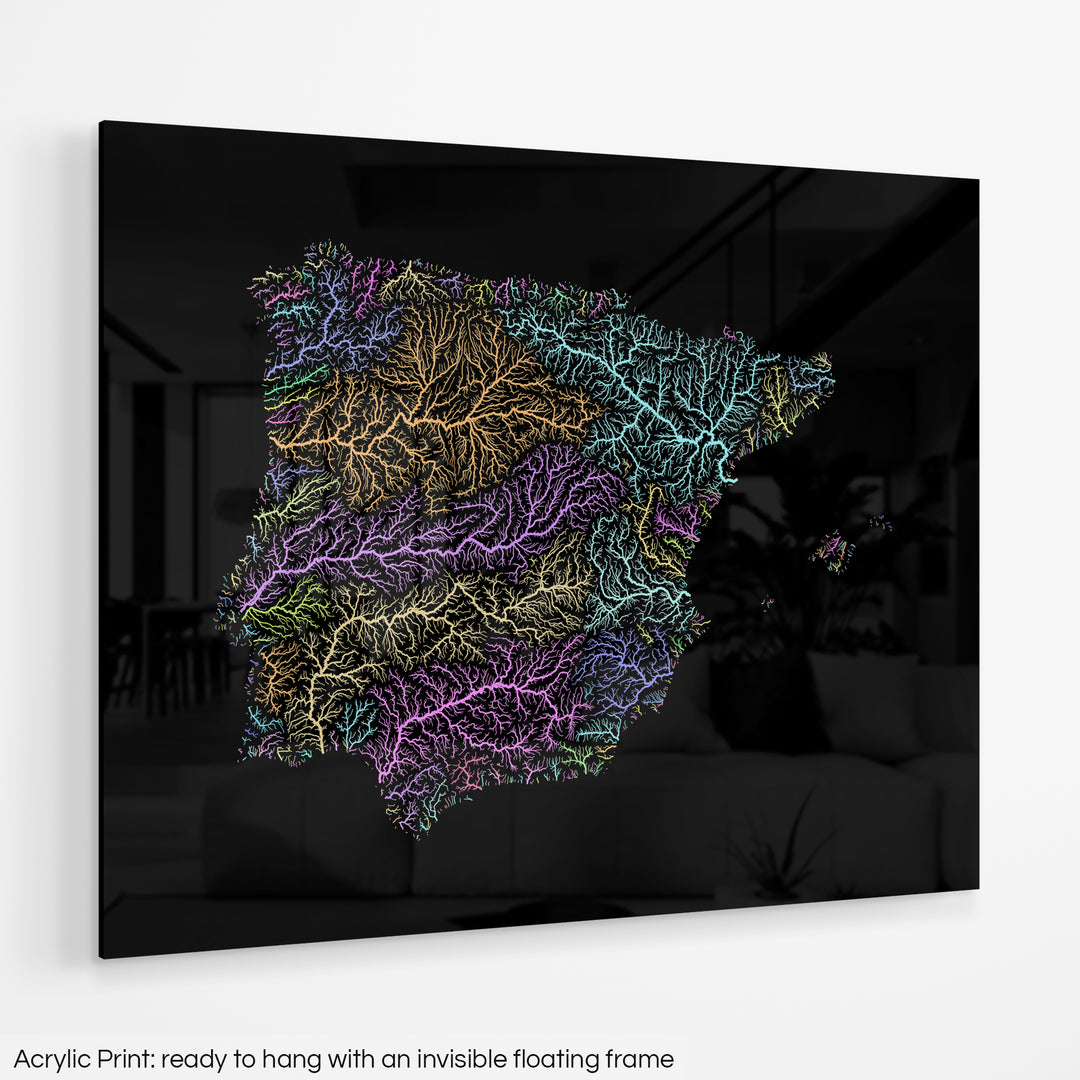 Iberia - River basin map, pastel colours - Wall Art