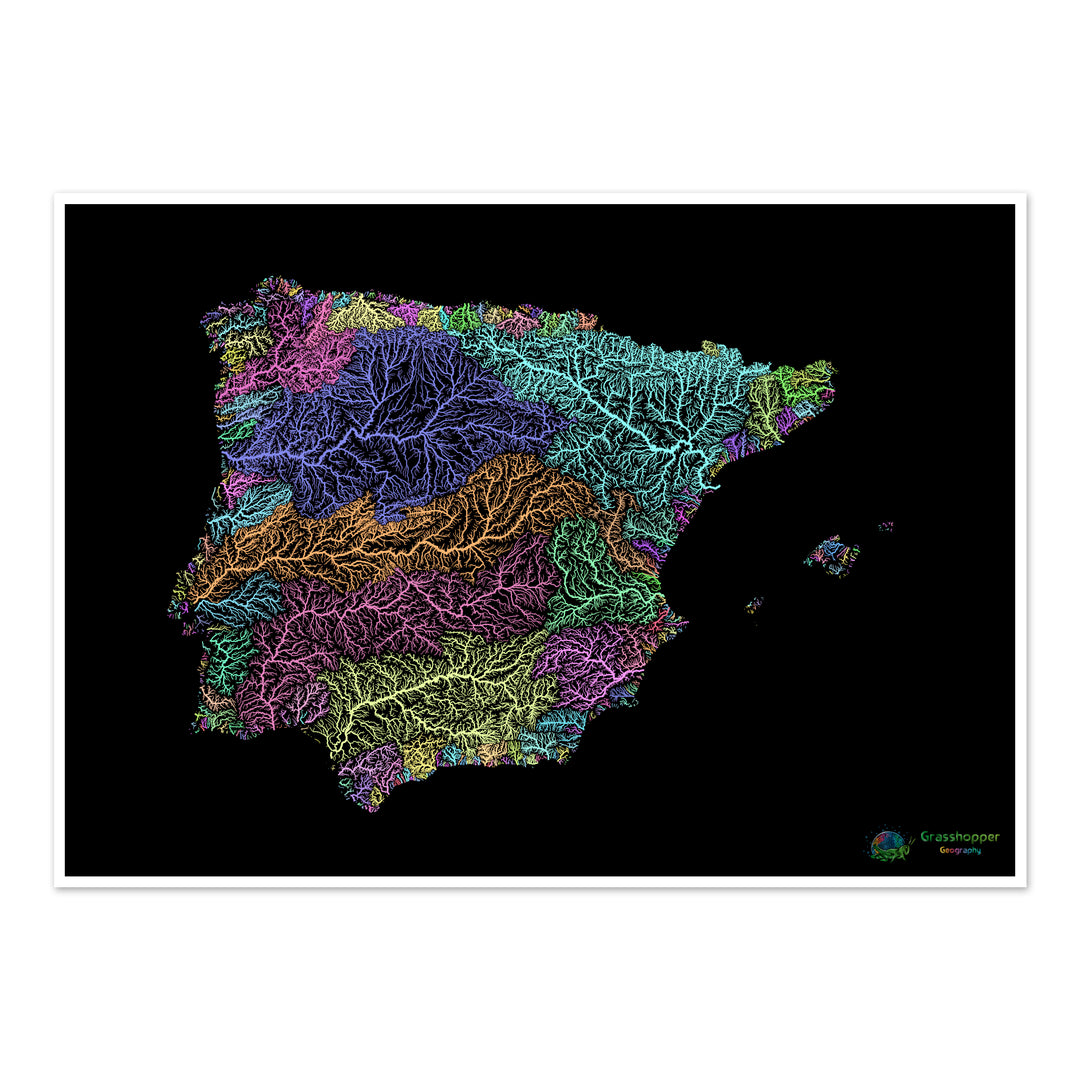 Iberia - Carte des bassins fluviaux, pastel sur noir - Fine Art Print