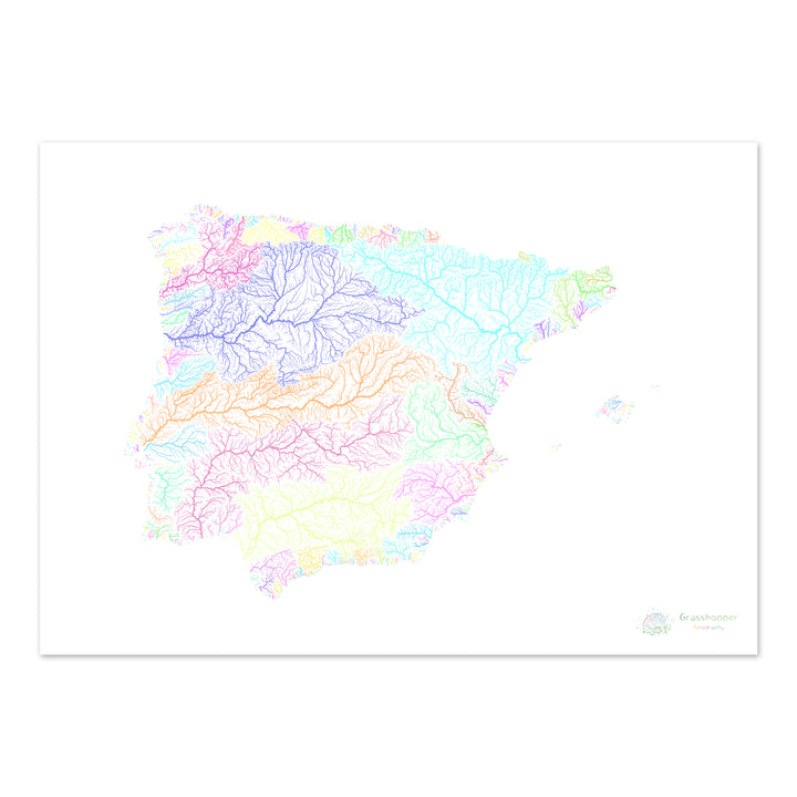 Iberia - Carte des bassins fluviaux, pastel sur blanc - Fine Art Print