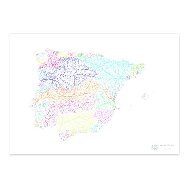Iberia - Mapa da bacia hidrográfica, pastel sobre branco - Impressão de belas artes
