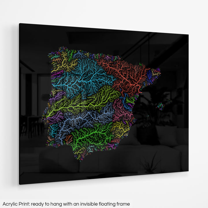 Iberia - River basin map, rainbow colours - Wall Art
