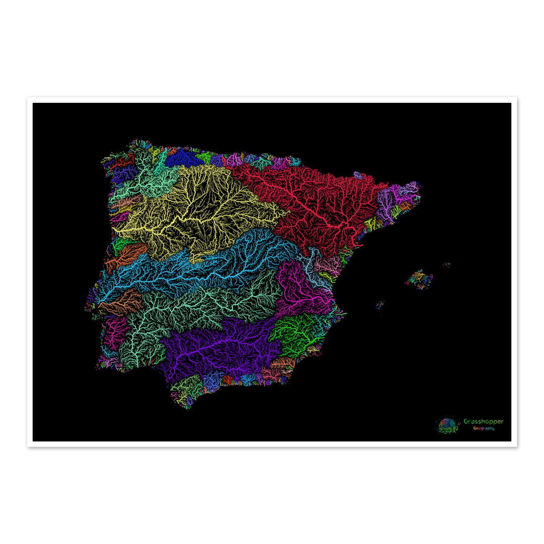 River basin map of Iberia, rainbow colours on black - Fine Art Print