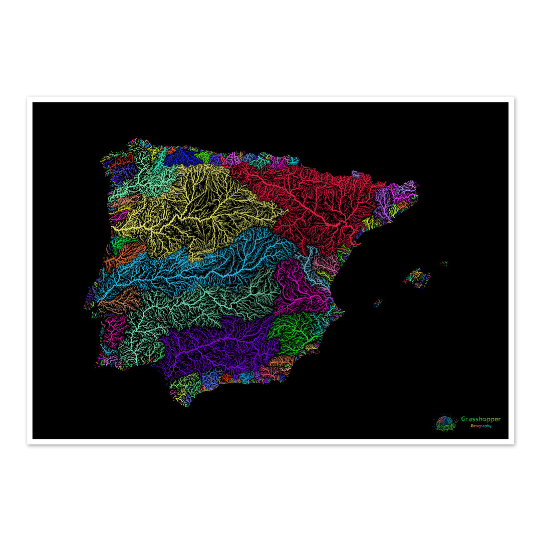 Iberia - River basin map, rainbow on black - Fine Art Print