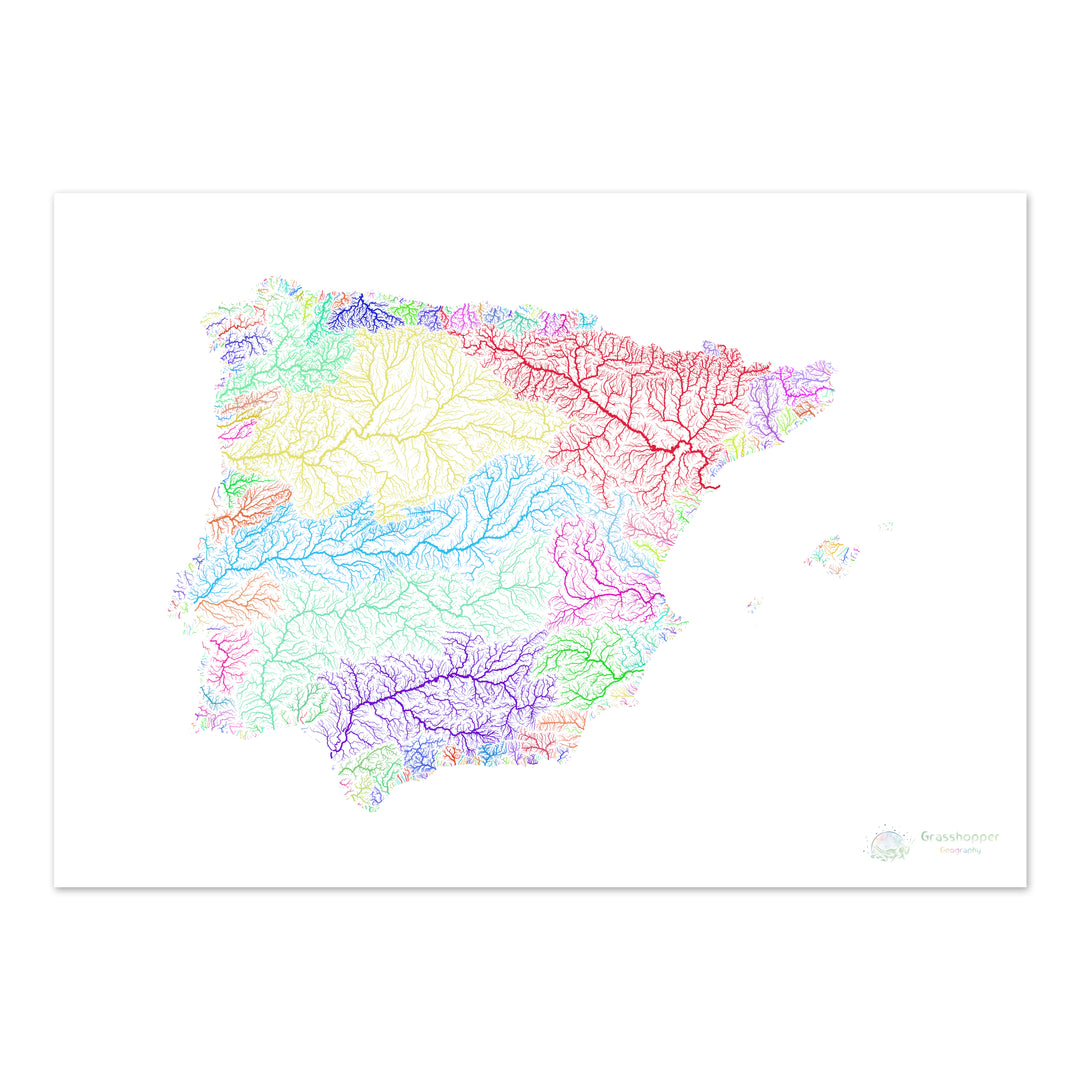 River basin map of Iberia, rainbow colours on white Fine Art Print