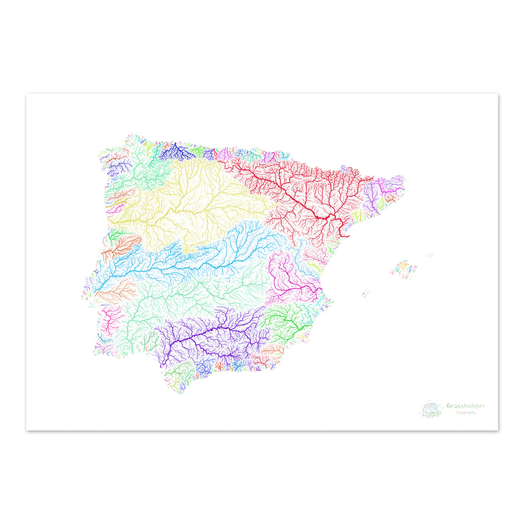 Iberia - Carte des bassins fluviaux, arc-en-ciel sur blanc - Fine Art Print