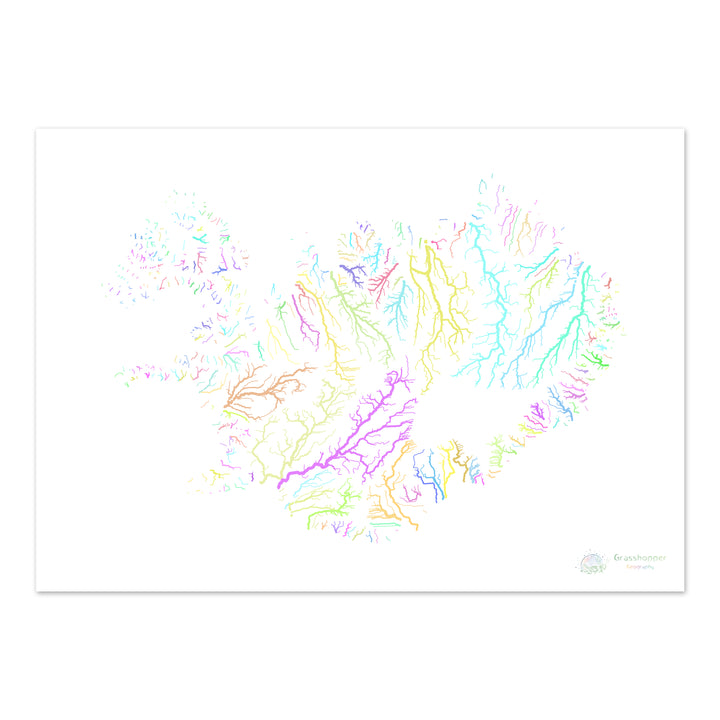 Islande - Carte des bassins fluviaux, pastel sur blanc - Fine Art Print