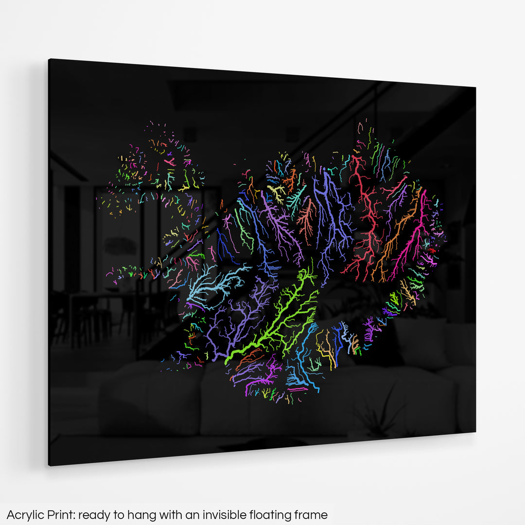 Iceland - River basin map, rainbow colours - Wall Art