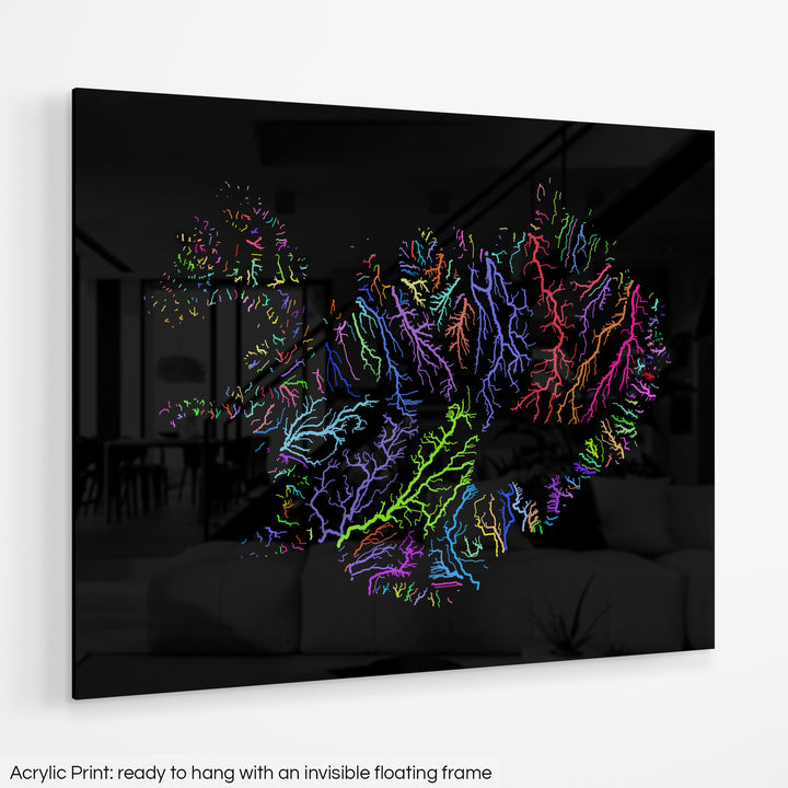 Iceland - River basin map, rainbow colours - Wall Art