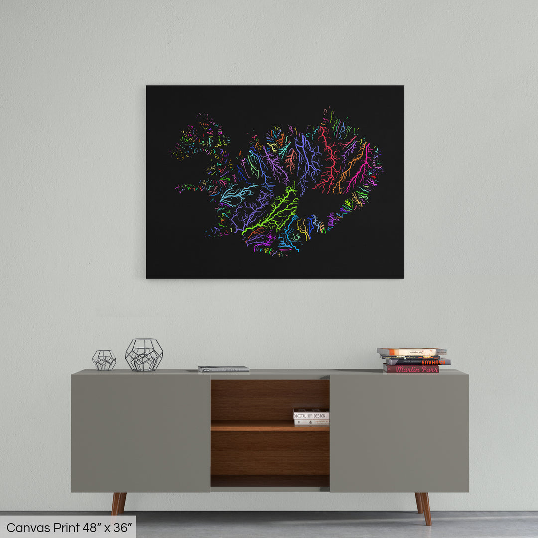 Iceland - River basin map, rainbow colours - Wall Art