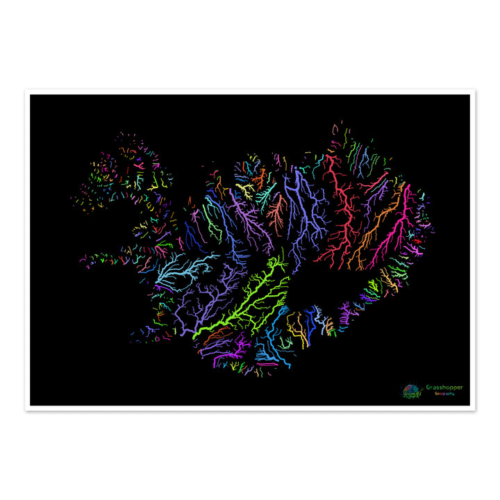 Islandia - Mapa de la cuenca fluvial, arco iris sobre negro - Impresión de Bellas Artes
