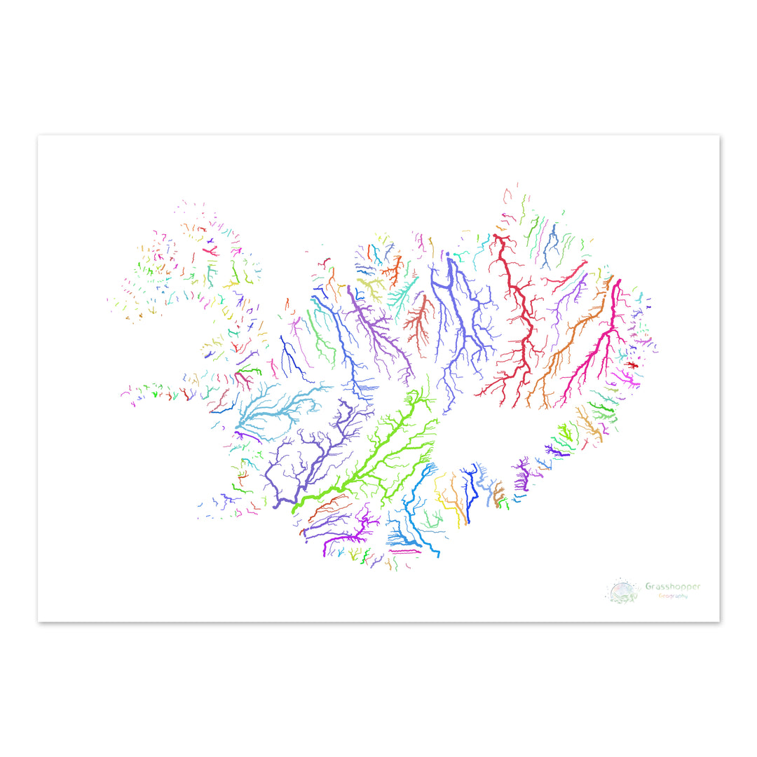 Islande - Carte des bassins fluviaux, arc-en-ciel sur blanc - Fine Art Print