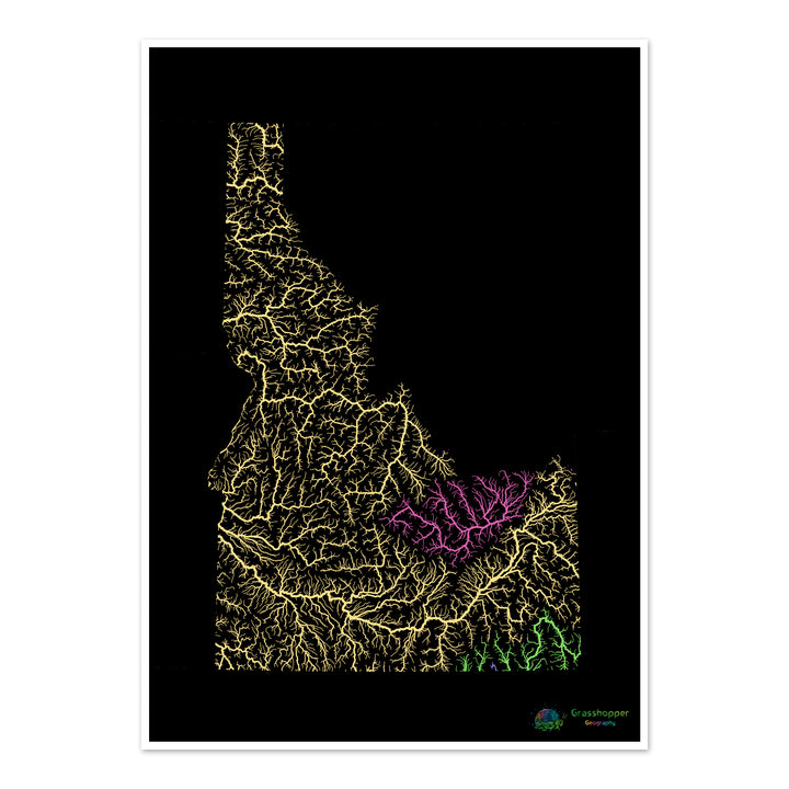 Idaho - River basin map, pastel on black - Fine Art Print