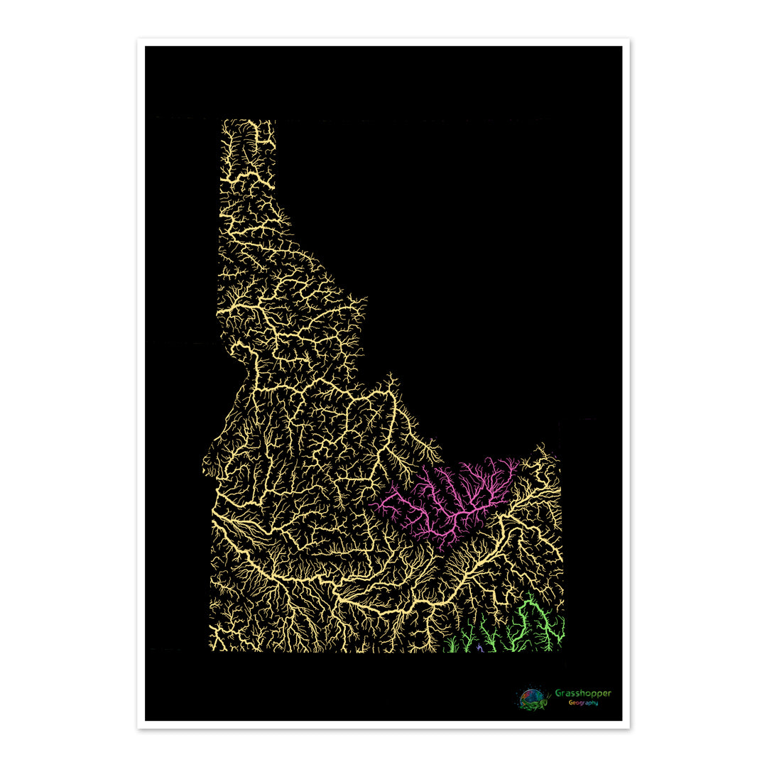Idaho - Mapa de la cuenca del río, pastel sobre negro - Impresión de Bellas Artes