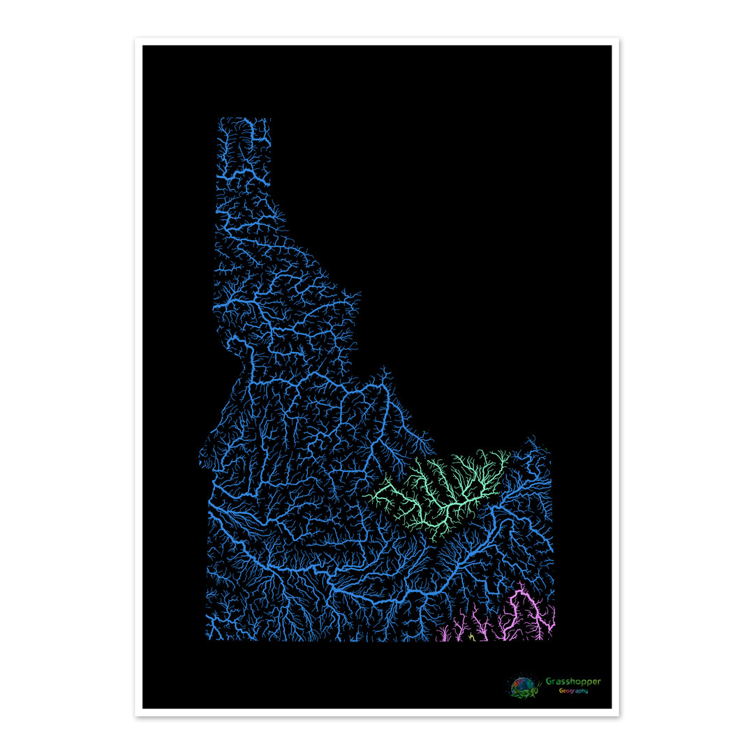 River basin map of Idaho, rainbow colours on black - Fine Art Print