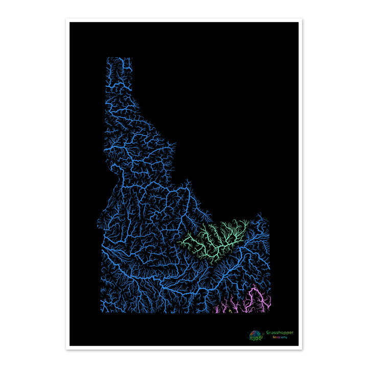 Idaho - Mapa de la cuenca del río, arco iris sobre negro - Impresión de Bellas Artes