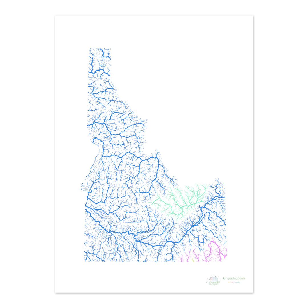 Idaho - Mapa de la cuenca del río, arco iris sobre blanco - Impresión de Bellas Artes