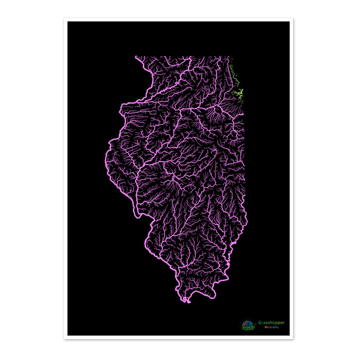 River basin map of Illinois, pastel colours on black - Fine Art Print